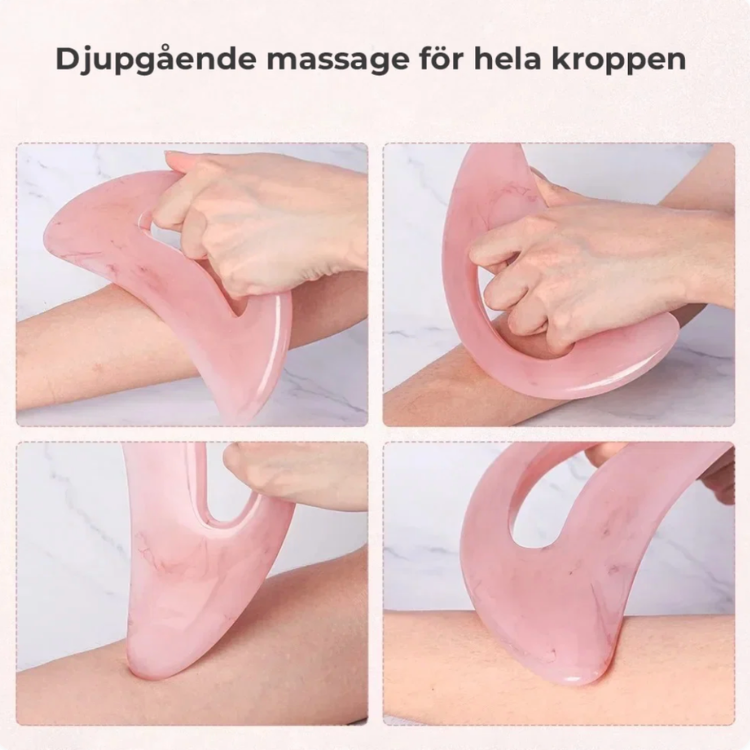 Fyra exempel på hur gua sha-skrapan används för massage på arm, axel och ben