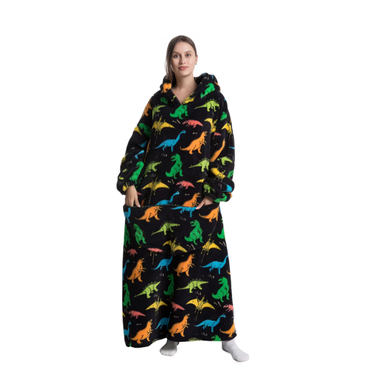 Svart oversized hoodie med färgglatt dinosauriemönster, lång modell