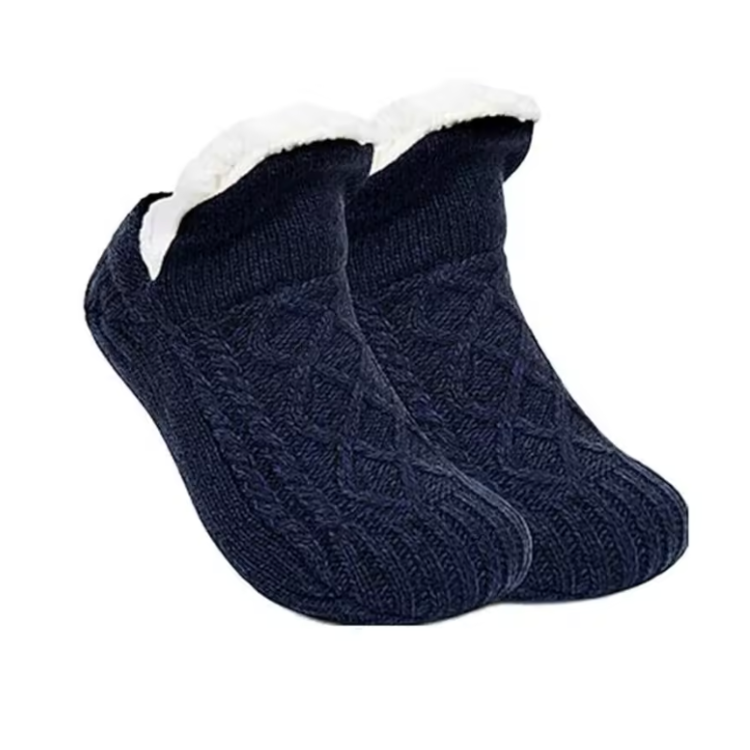 Varmfodrade halksockor i marinblått med kabelstickning och vit fleecekant