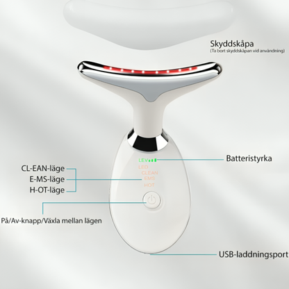 InfraRelief™ nackmasserare med LED, EMS och värmefunktion – visar CLEAN, EMS och HOT-lägen, USB-laddning och batteristyrka