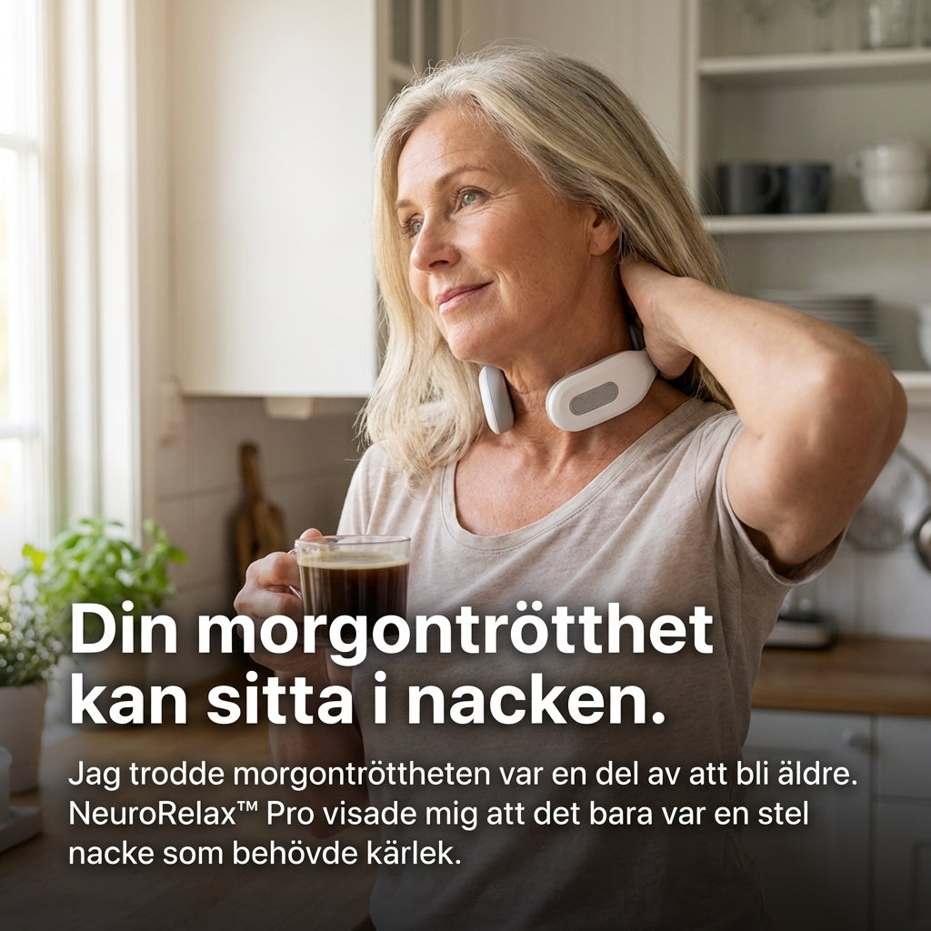 Kvinna i 50-årsåldern håller handen mot nacken med NeuroRelax™ Pro runt halsen, håller en kopp kaffe i köket — lindrar morgonstelhet och nackspänningar hemma