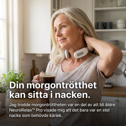 Kvinna i 50-årsåldern håller handen mot nacken med NeuroRelax™ Pro runt halsen, håller en kopp kaffe i köket — lindrar morgonstelhet och nackspänningar hemma