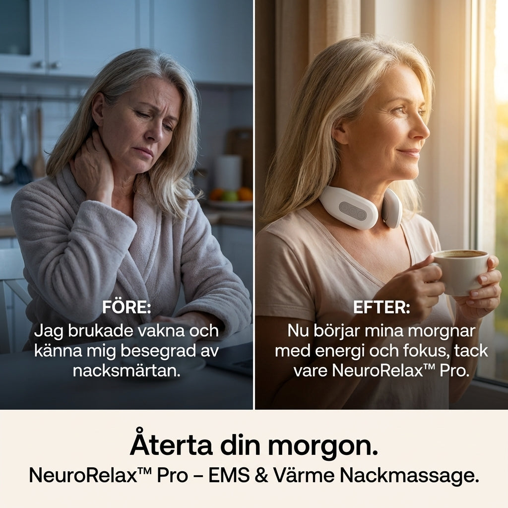 Före och efter — kvinna i 50-årsåldern vaknar med nacksmärta, sedan avslappnad vid fönstret med NeuroRelax™ Pro runt halsen och en kopp kaffe — lindrar morgonstelhet och nackspänningar hemma
