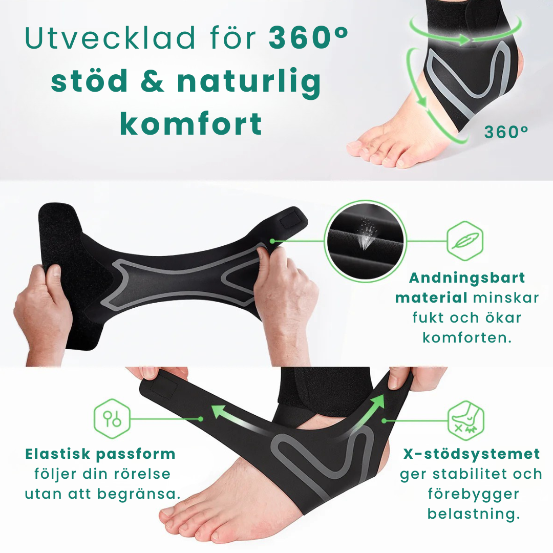Fotledsstöd i svart neopren med elastiskt stöd för fotled och fotvalv – passar vid plantar fasciit, pronation och hälsmärta