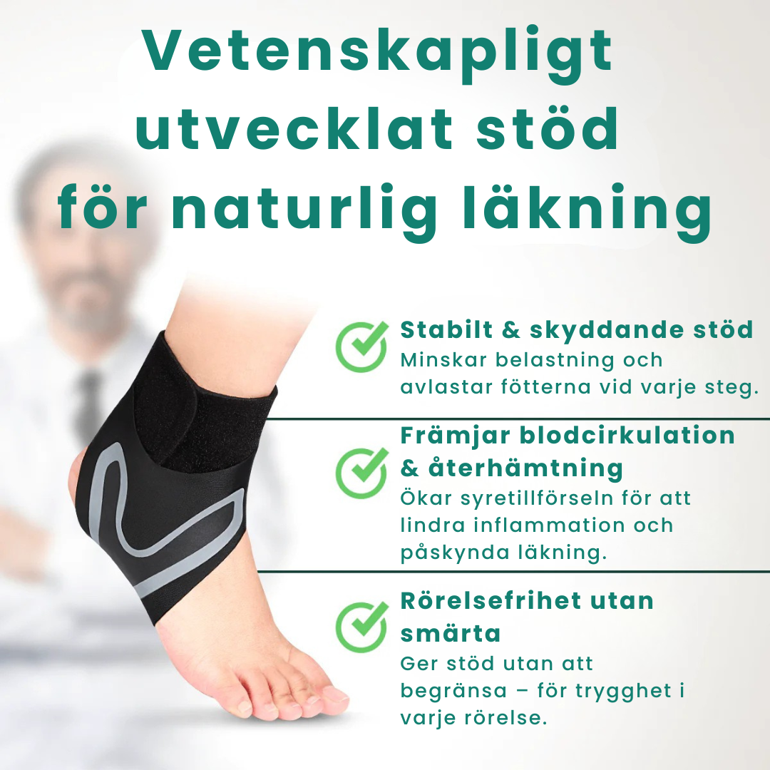 Fotledsstöd i svart neopren med elastiskt stöd för fotled och fotvalv – passar vid plantar fasciit, pronation och hälsmärta