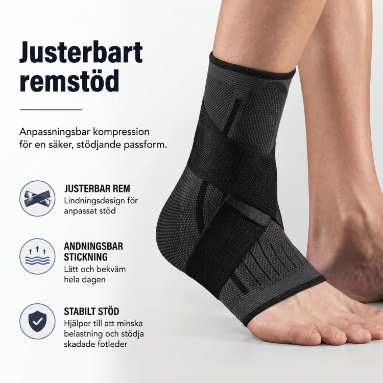 Fotledsstöd med justerbart remstöd – ikoner visar justerbar rem, andningsbar stickning och stabilt stöd
