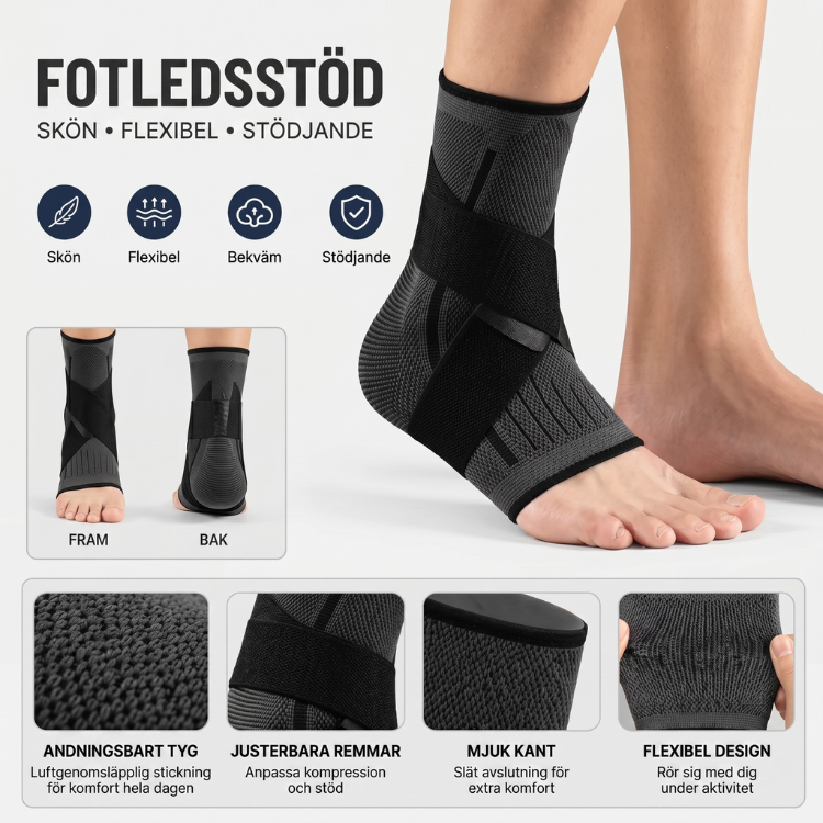 Översikt av fotledsstöd som visar fram- och baksida samt närbilder på andningsbart tyg, justerbara remmar, mjuk kant och flexibel design