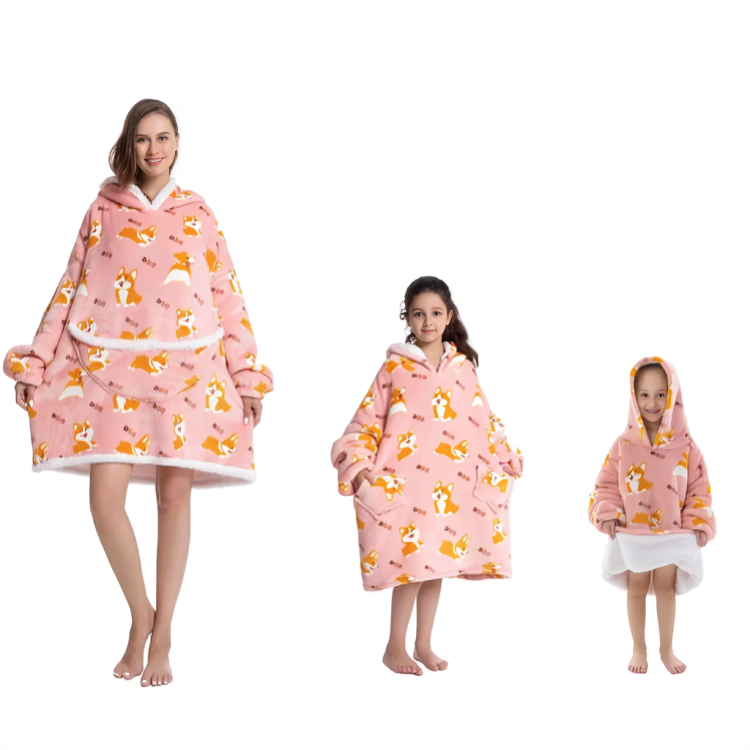 Oversized hoodie i rosa med corgi-mönster för vuxen och barn