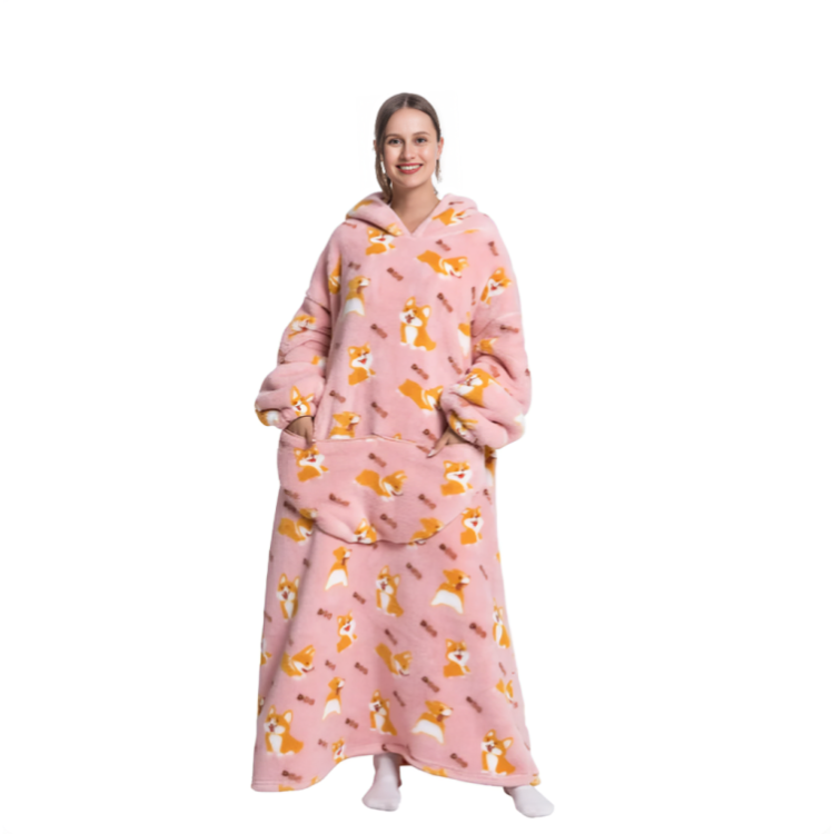 Rosa oversized hoodie med corgi-mönster, lång modell