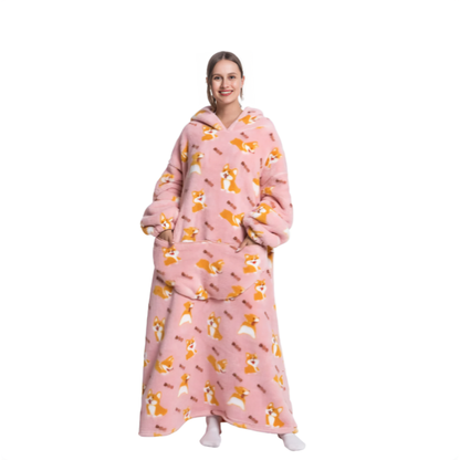 Rosa oversized hoodie med corgi-mönster, lång modell