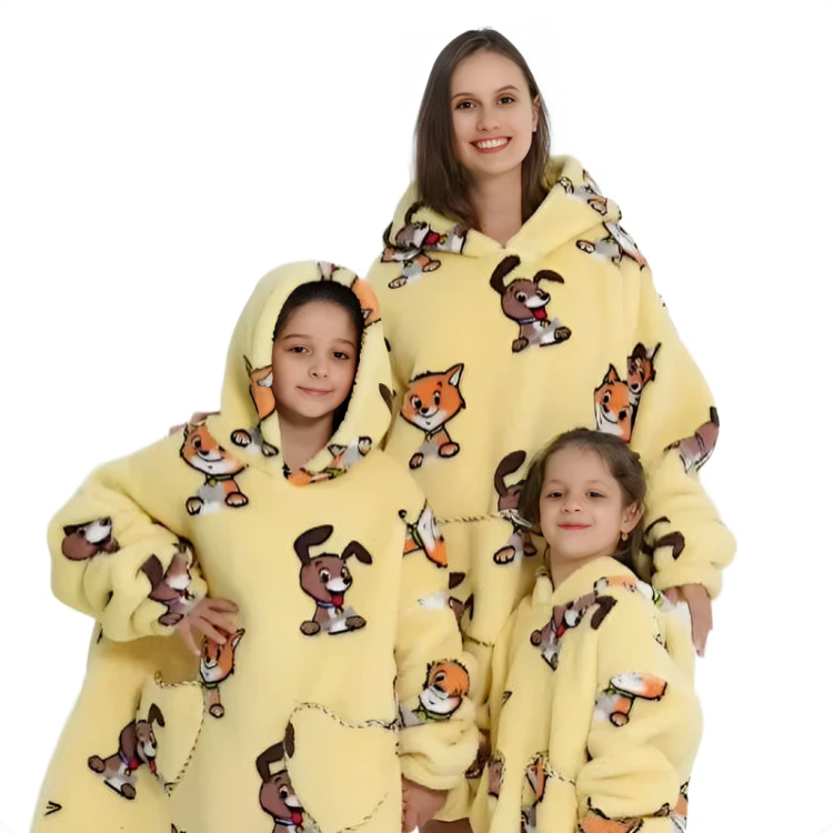 Gul oversized hoodie med hund- och rävmönster för vuxen och barn