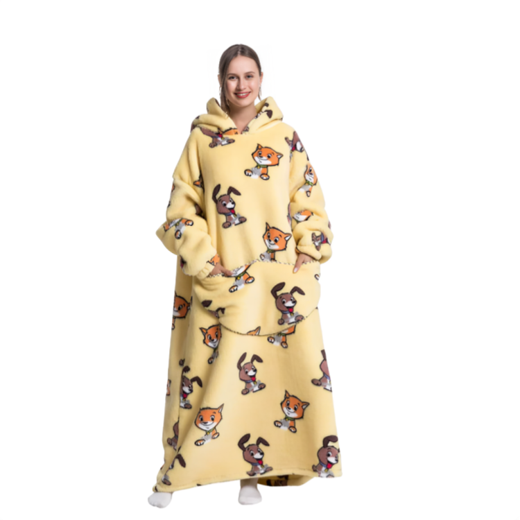 Gul oversized hoodie med hund- och rävmönster, lång modell