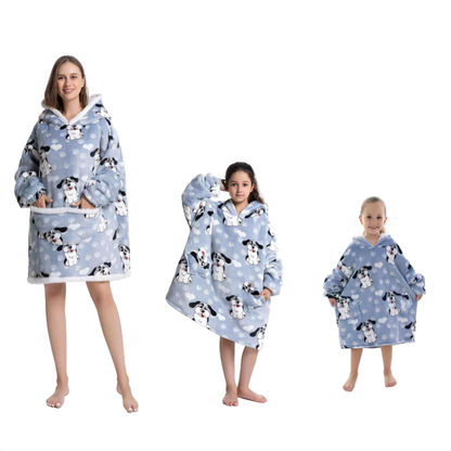 Blågrå oversized hoodie med hundmönster för vuxen och barn