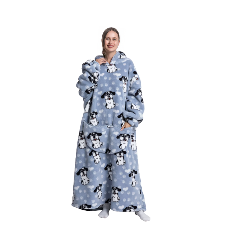 Blå oversized hoodie med hund- och hjärtmönster, lång modell