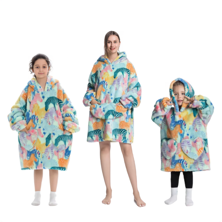 Oversized hoodie med pastellfärgat zebra- och bladmönster för vuxen och barn