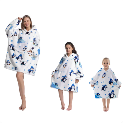 Vit oversized hoodie med pingvinmönster för vuxen och barn