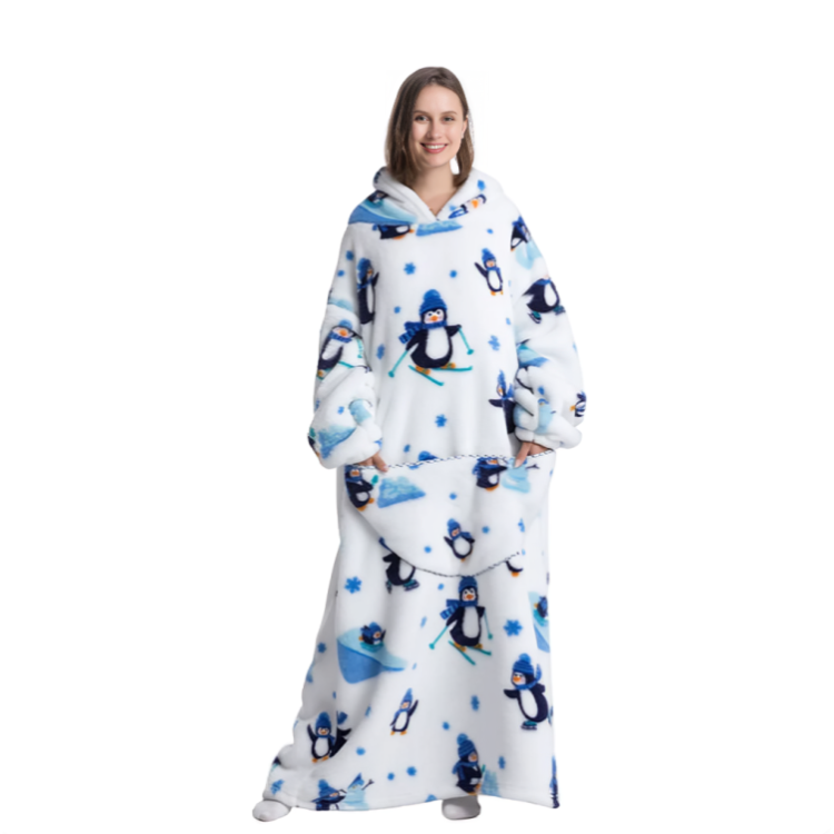 Vit oversized hoodie med pingvinmönster, lång modell