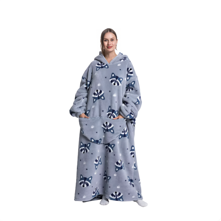 Grå oversized hoodie med tvättbjörnsmönster, lång modell
