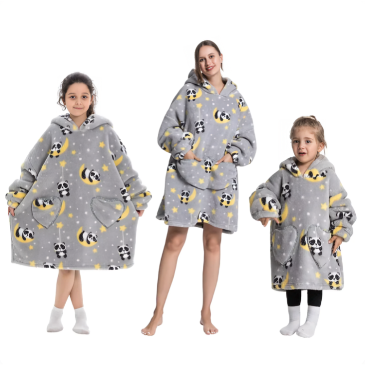 Grå oversized hoodie med panda- och månmönster för vuxen och barn