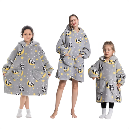 Grå oversized hoodie med panda- och månmönster för vuxen och barn