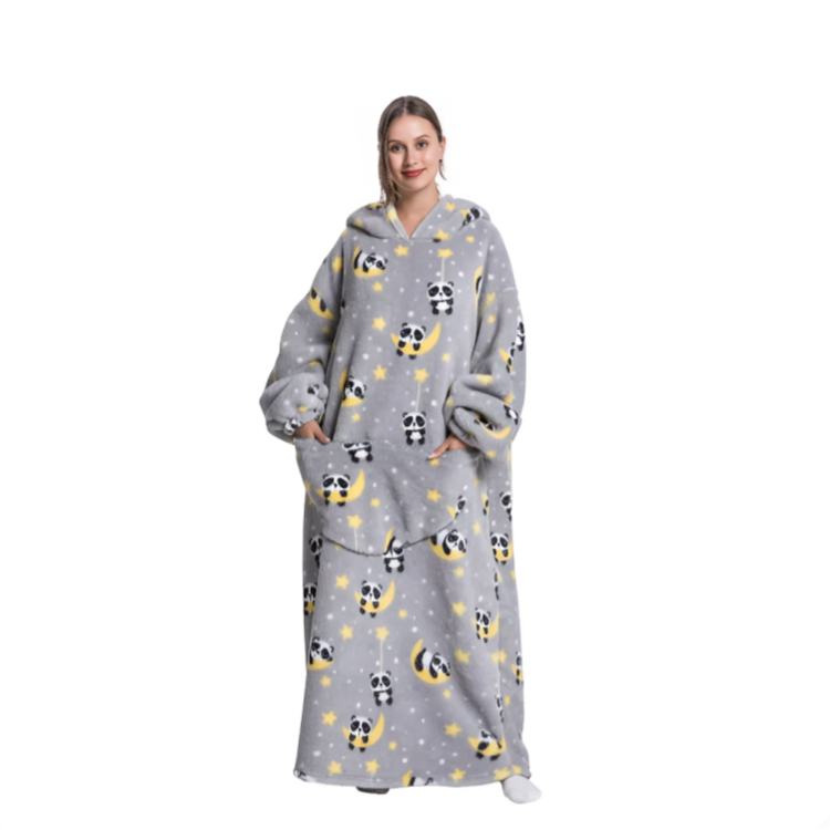 Grå oversized hoodie med panda- och månmönster, lång modell