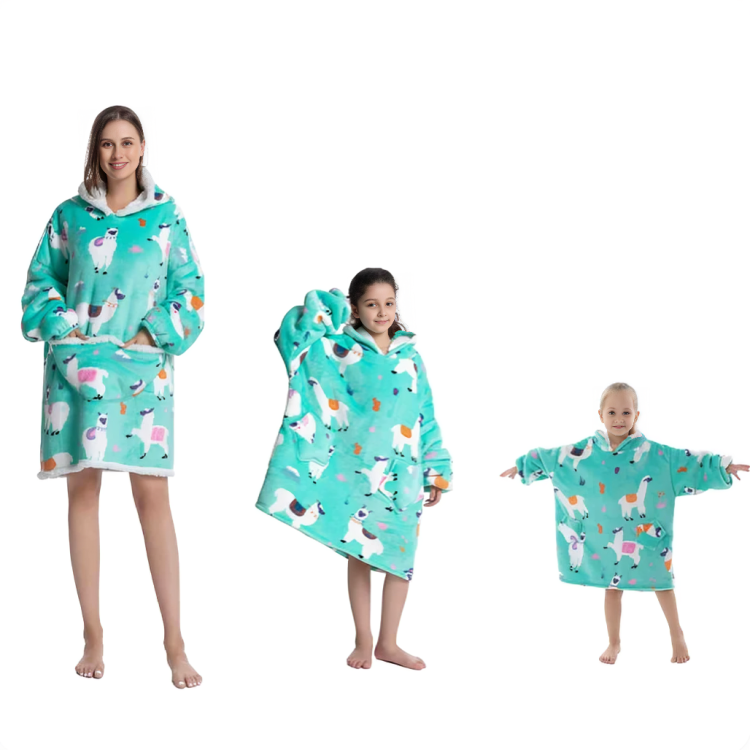 Turkos oversized hoodie med lamamönster för vuxen och barn