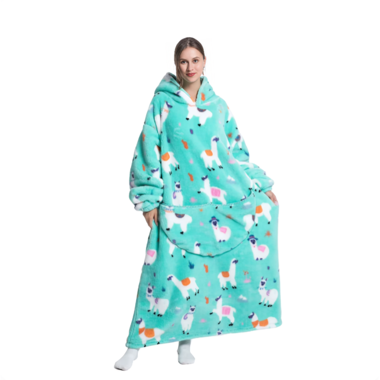 Turkos oversized hoodie med lamamönster, lång modell