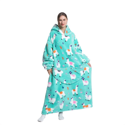 Turkos oversized hoodie med lamamönster, lång modell
