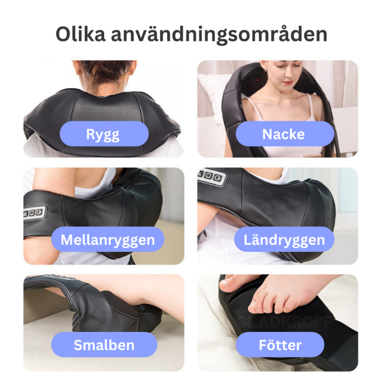 Shiatsu nackmassager med värme – visar olika användningsområden: rygg, nacke, mellanrygg, ländryggen, smalben och fötter
