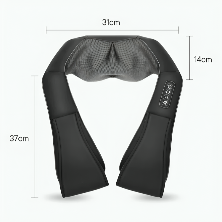 Shiatsu nackmassager med mått – 31cm bred, 37cm lång och 14cm hög, mot vit bakgrund