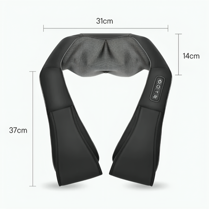 Shiatsu nackmassager med mått – 31cm bred, 37cm lång och 14cm hög, mot vit bakgrund