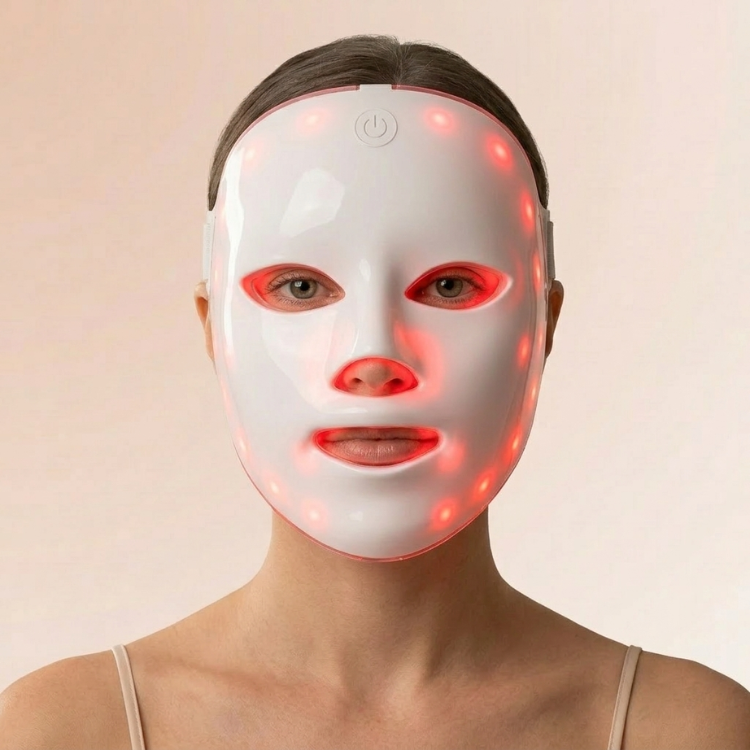 Kvinna med InfraRelief™ LED-ansiktsmask i vitt med rött ljus, framifrån mot beige bakgrund