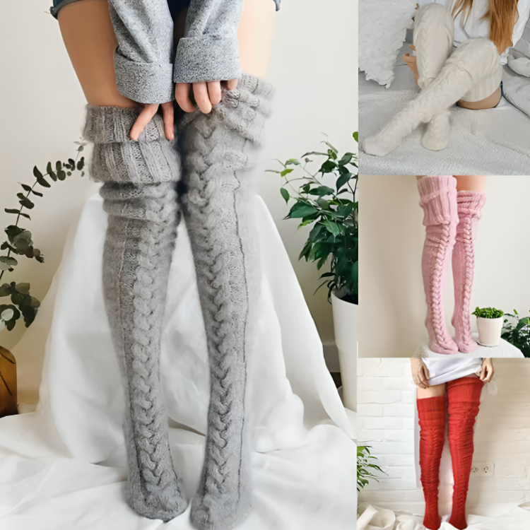 Collage med lårhöga benstrumpor i grått, vitt, rosa och rött i olika hemmiljöer