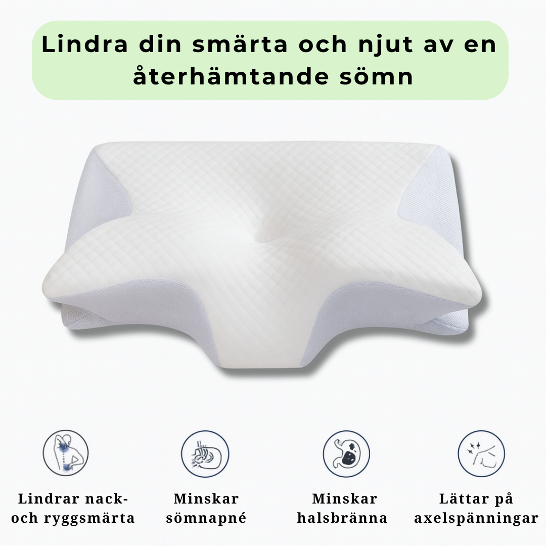 Ergonomisk kudde som lindrar nack- och ryggsmärta, minskar sömnapné, halsbränna och axelspänningar – för återhämtande sömn.