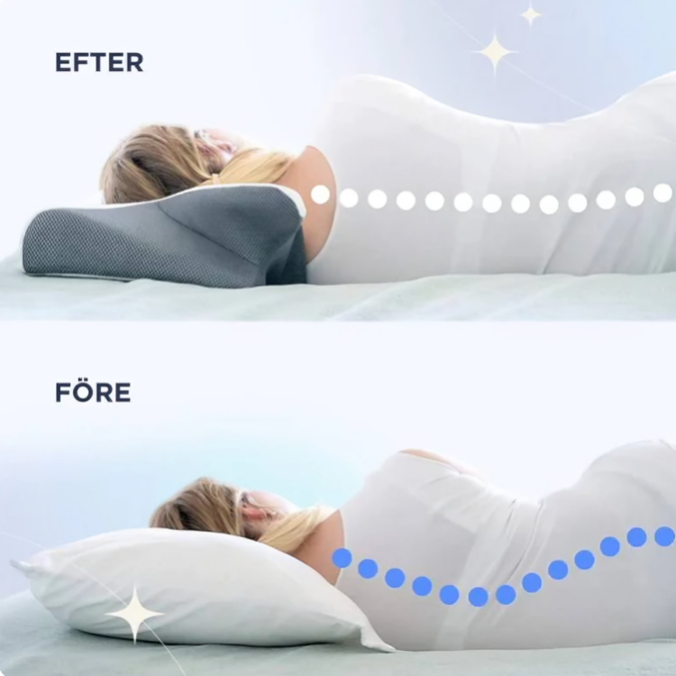 Jämförelse före och efter användning av ergonomisk kudde – visar förbättrad rygg- och nackposition vid sidosovning