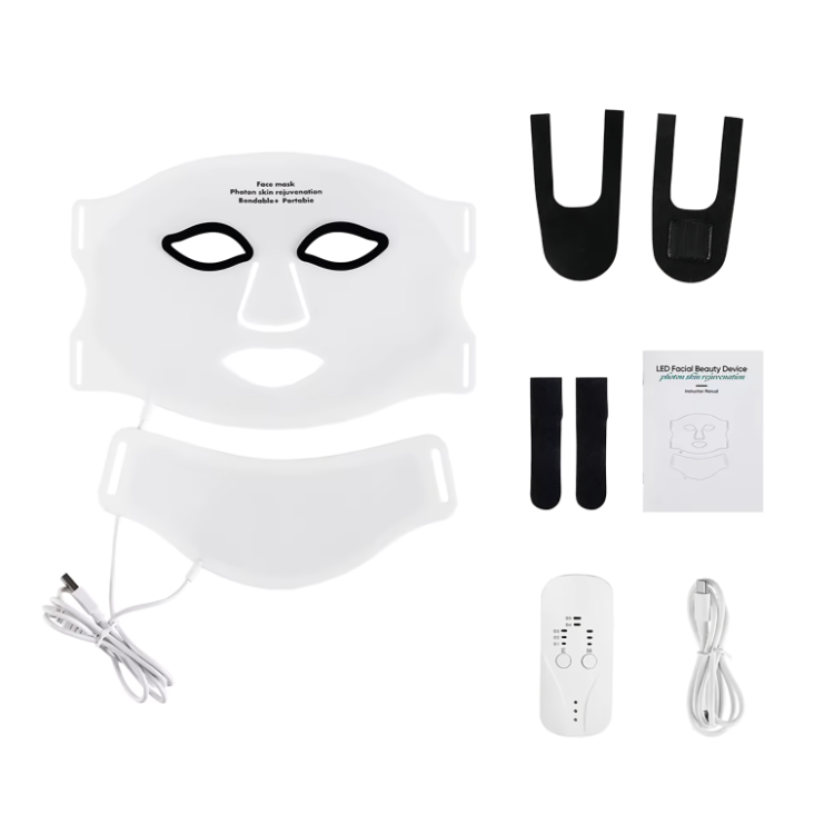 InfraRelief™ Ansiktsmask 2.0 – komplett set med ansiktsmask, halsmask, fjärrkontroll, USB-C laddningskabel, ögonkuddar och användarmanual