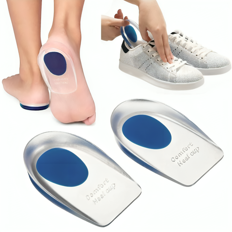 Hälinlägg för hälsporre och hälsmärta – transparenta silikon-gel hälinlägg med blå geldyna placerade i vit sneaker och på fot