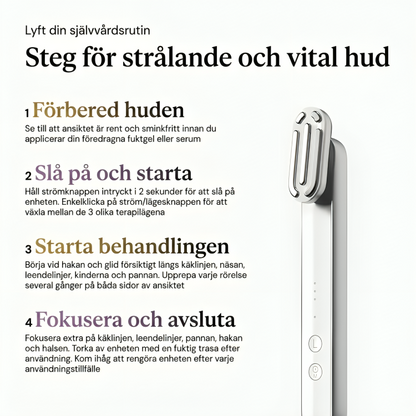 Steg-för-steg guide för InfraRelief hudvårdsapparat – förbered huden, slå på och starta, starta behandlingen, fokusera och avsluta