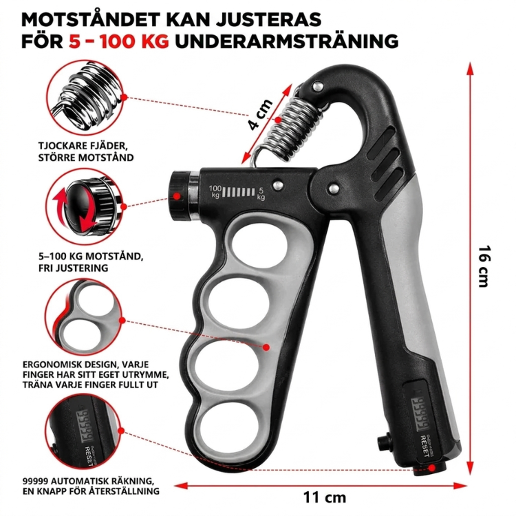 Handtränare med detaljvyer som visar fjäder, motståndsjustering, ergonomiskt grepp och räknare