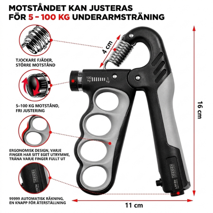 Handtränare med detaljvyer som visar fjäder, motståndsjustering, ergonomiskt grepp och räknare