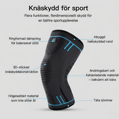 Infografik Nordcura Knäskydd – funktioner: ringformad dämpning, inbyggd halkskyddad rand, 3D-stickad konstruktion, andningsbart material, högelastiskt och täta sömmar
