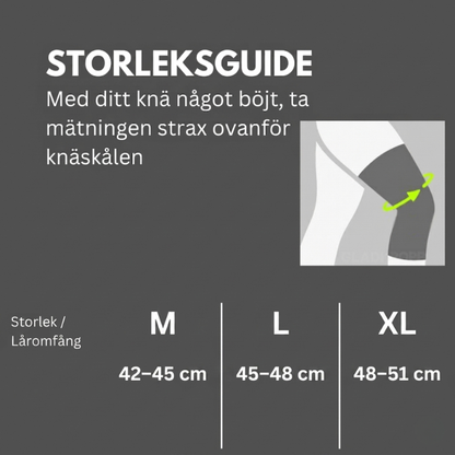 Storleksguide Nordcura Knäskydd – mät strax ovanför knäskålen med knäet något böjt. M: 42–45 cm, L: 45–48 cm, XL: 48–51 cm