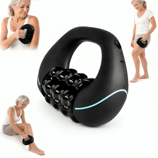 Svart massageroller med roterande rullar, visad i produktbild samt använd på arm, lår och vad