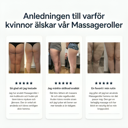 Tre kundomdömen med fem stjärnor och bilder på ben efter användning av massagerollern