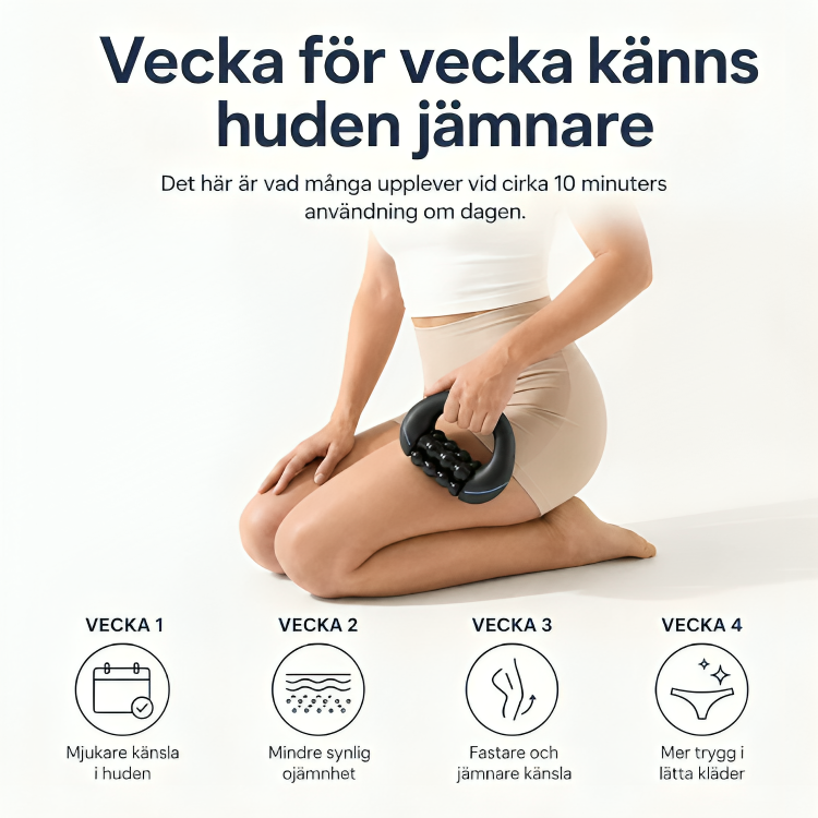Kvinna använder massagerollern på låret, med illustrerat veckoschema för resultat vecka 1–4