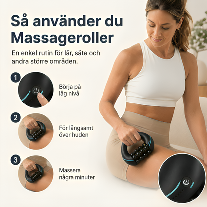 Instruktion i tre steg för hur massagerollern används: starta lågt, för långsamt, massera några minuter