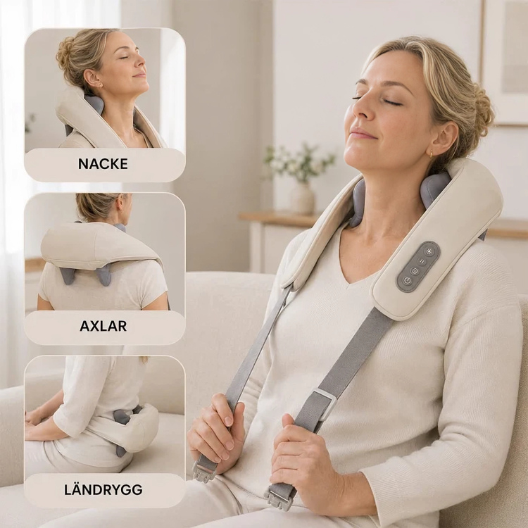 Kvinna använder massageapparaten på nacke, axlar och ländrygg i tre exempelbilder