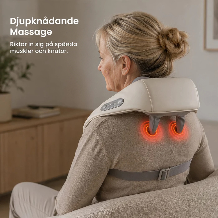 Kvinna med massageapparat på axlarna, illustrerad värmeeffekt vid djupknådande massage