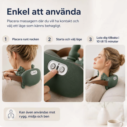 Tre steg för att använda elektrisk nackmassager – placera runt nacken, välj läge, luta dig tillbaka i 10–15 minuter