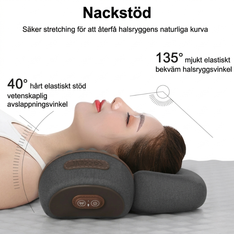 Kvinna som ligger på 3-i-1 nackmassagekudde – infografik visar nackstöd med 40° och 135° ergonomiska vinklar för optimal stretch